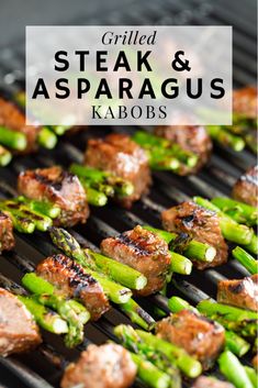 grilled steak and asparagus kabobs on the grill with text overlay