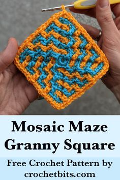 the mosaic maze granny square is crocheted in blue, orange and yellow yarn