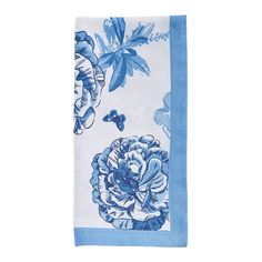 a blue and white towel with flowers on it