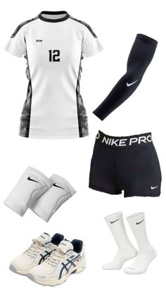 a white shirt and black shorts are arranged in the shape of a soccer uniform with nike socks