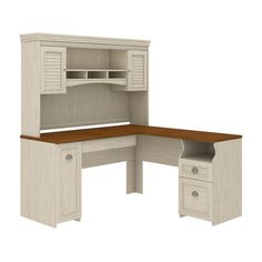 an office desk with two drawers and a hutch in the corner, on a white background