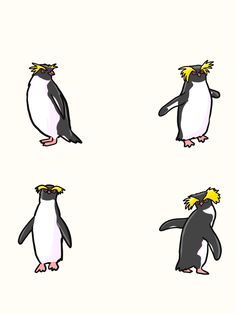 four penguins with different facial expressions on their faces, one is yellow and the other is black