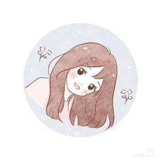 a drawing of a girl with long brown hair and big eyes in a round frame