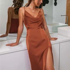 Rusted Colored Silk Dress. It’s Fitted But Very Flattering And Hits At A Midi Length. Satin Cami Dress, Midi Dress Chic, Wide Leg Romper, Glamorous Party, Ribbed Sweater Dress, Dressy Dresses, Women's Evening Dresses, Flowing Skirt, Formal Gown