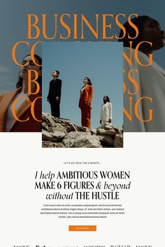 an ad for the business magazine, featuring three women in orange and white outfits standing on rocks