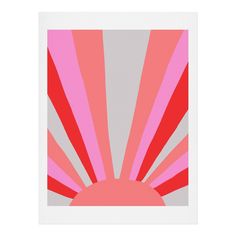 a pink and grey poster with the sun shining through it's center, in front of a white background