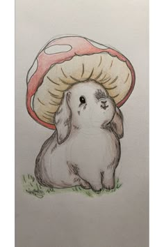 a drawing of a rabbit with a mushroom on its head, sitting in the grass