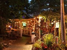 an outdoor restaurant with lights on the roof and plants growing in pots outside at night