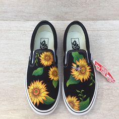 BLACK SUNFLOWER and BEE slip on sneaker. All Items are 100% hand painted with paint brush,no paint pen. They are water-proof, permanent and no fading. You can also change the color, enter the name or customize whatever design you like on shoes. Just send us a message. It is perfect gift for your friend or lover. Suggest hand washed with soft brush. If your order is Vans please check the true size from your nearest Shop. Kids shoe is available and if you don't see you size please message me for m Painted Black Vans, Sunflower Shoes, Disney Painted Shoes, Shoe Art Designs, Canvas Shoes Diy, Woman Friends, Sunflower And Bee, Sunflower Vans, Bee Shoes