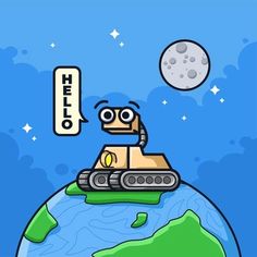 an image of a cartoon robot on top of the earth with hello written above it