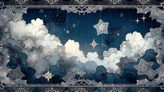 the sky is filled with clouds and stars, as if they were floating in the air