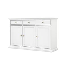 a white cabinet with three doors and two drawers on one side, against a white background