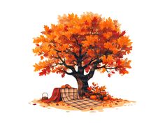 an illustration of a blanket under a tree with fall leaves on it and a plaid throw