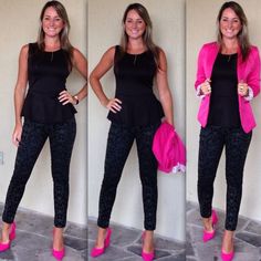 Black And Fushia Outfit, Hot Pink Heels Outfit Work, Hot Pink And Black Business Outfit, Black Outfit Pink Shoes, Outfit Blazer Rosa Fiusha, Black And Pink Outfit Ideas, Pink Flats Outfit