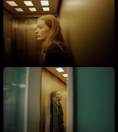 two images of a woman standing in an elevator