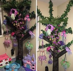 there are two pictures of a tree made out of paper flowers and other things hanging on the wall