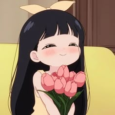 a girl with long black hair holding pink flowers