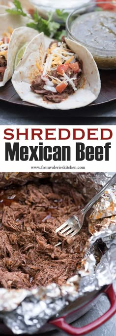 shredded mexican beef in a foil pan with a fork