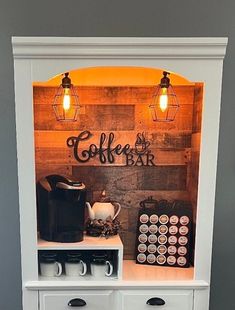 the coffee bar is built into an old cabinet