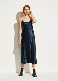 Satin Slip Dress in Dresses | Vince Slip Dress Outfit Winter, Slip Dress Outfit, Winter Dress Outfits, Silk Slip Dress, Satin Color, Satin Slip, Silk Slip, Satin Slip Dress, Dress Cuts