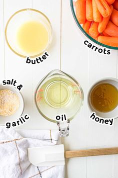 carrots, butter, salt and oil in bowls on a white table