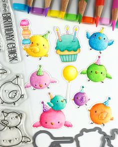 a birthday card with cupcakes, balloons and birds in pastel colors on it