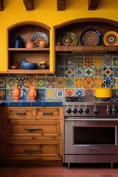 a stove top oven sitting inside of a kitchen next to a wall covered in colorful tiles