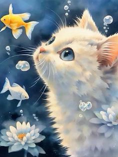 a painting of a cat looking up at some water lilies and goldfish in the air