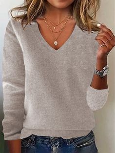 Shop Affordable Women Sweaters Spring/Fall Sweater Casual Sweater Plain Sweater Loose Daily V Neck Long Sleeve On Justfashionnow.com Casual Solid Color V-neck Sweater For Fall, Casual Solid Stretch V-neck Sweater, Casual Gray V-neck Sweater For Winter, Casual Solid V-neck Sweater For Winter, Casual Solid V-neck Winter Sweater, Casual Long Sleeve V-neck Sweater, Casual Solid Color V-neck Sweater For Winter, Casual Long Sleeve Solid V-neck Sweater, Casual Soft Knit Long Sleeve V-neck Sweater