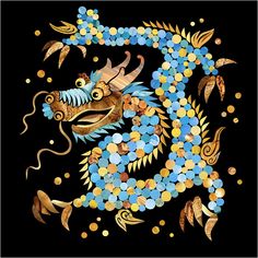 a painting of a dragon with blue and gold colors on it's body, surrounded by bubbles