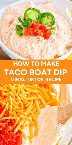 taco boat dip in a bowl with cheese and peppers