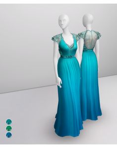 two female mannequins dressed in blue dresses