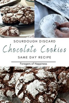 chocolate cookies with powdered sugar on top and the words, sourdough discard chocolate cookies same day recipe