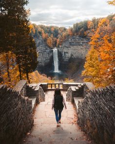 a woman walking down a stone path in front of a waterfall with yellow leaves on the ground