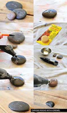 various pictures of rocks and tools on a table