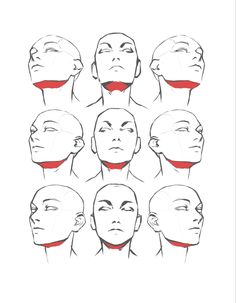 a drawing of different angles of the head and neck, with various facial expressions on each side