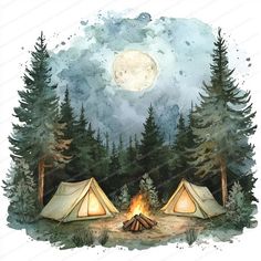 watercolor painting of two tents in the woods with a campfire and full moon