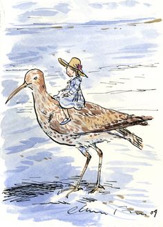 a drawing of a bird with a girl on it's back walking in the water