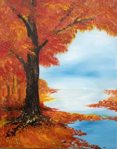 an acrylic painting of a tree with orange leaves and water in the background