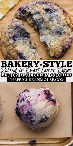 three different images of baked goods and the words bakery - style below them are blueberry lemon doughnuts with lemon glaze