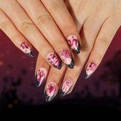 HS19 StrayCatboutique Devil Nails Designs, Devil Nails, Black Summer Nails, Black Silver Nails, Nail Art French, Black French Nails, Colored Nail Tips, Horror Nails, Purple Flame