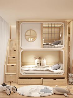 a child's bedroom with bunk beds and toys on the floor in front of it