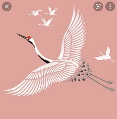 a crane flying in the sky with other birds around it on a pink and white background