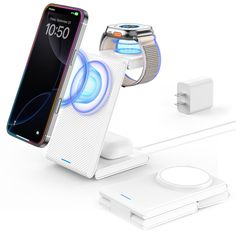 an apple watch and charging station attached to the back of a cell phone with a charger