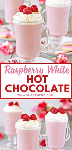 raspberry white hot chocolate with whipped cream and fresh raspberries on top