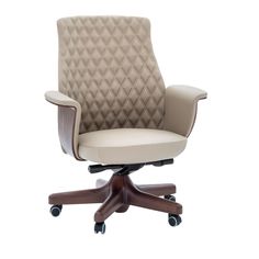 an office chair that is upholstered with a beige leather seat and backrest