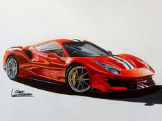 a drawing of a red sports car on a white background