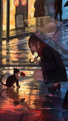 a woman kneeling down while holding an umbrella next to a black cat on a rainy street