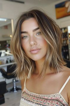 Shoulder Length Hair Ash Brown, Balayage Lob Hair, Short Hair Center Part, Long Bob Haircut 2024 Trends, Collarbone Length Hair Straight, Collar Bone Haircut, Textured Lob Haircut Mid Length, Collarbone Length Haircut, Collarbone Haircut