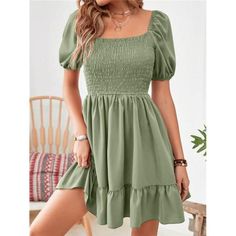 -Item Id 15913193 -Color: Green -Style: Boho -Pattern Type: Plain -Details: Ruffle Hem, Shirred -Neckline: Square Neck -Sleeve Length: Short Sleeve -Type: A Line -Sleeve Type: Puff Sleeve -Waist Line: High Waist -Hem Shaped: Flounce -Length: Mini -Fit Type: Regular Fit -Fabric: Non-Stretch -Material: Fabric -Composition: 100% Polyester -Care Instructions: Machine Wash Or Professional Dry Clean -Sheer: No **Open To Offers!!!** **Bundle To Save More** **30% Off Bundles Of 2 Or More Items!!** ***Or Square Neck Dress, Ruffle Hem Dress, Arte Popular, Hoco Dresses, Hem Dress, Looks Vintage, Kids Beachwear, Green Fashion, Ruffle Hem